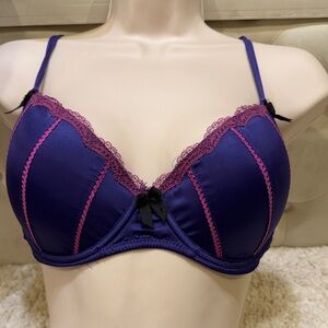 Morbid threads push up bra molded up 36D purple pink lace sheer
